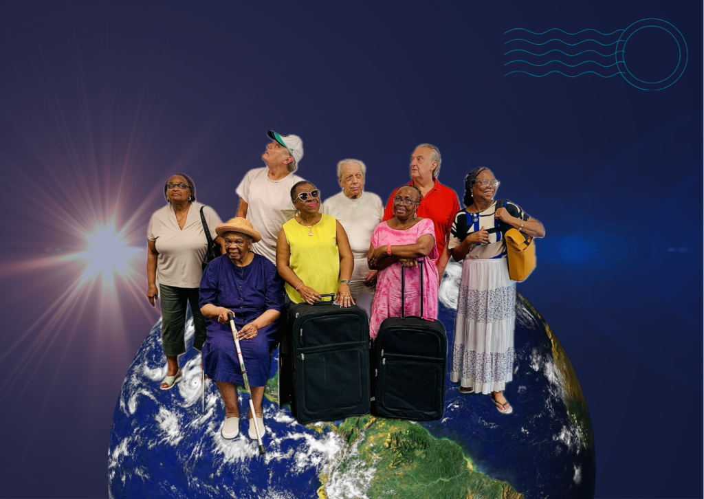 A collage of a group of older people carrying suitcases, stood on top of the earth.