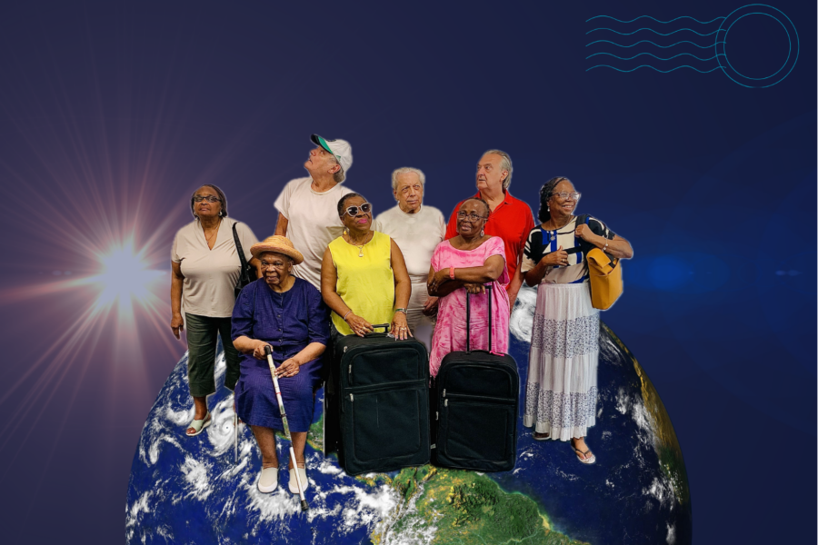 A collage of a group of older people carrying suitcases, stood on top of the earth.